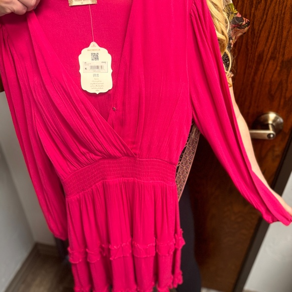 Altard State Mini Ruffled Tiered Long Sleeve Smocked Waist in Fuschia, Medium - Picture 6 of 7